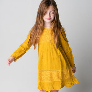 NEW Boho Kid Long Sleeve Mustard Lace Detail Dress